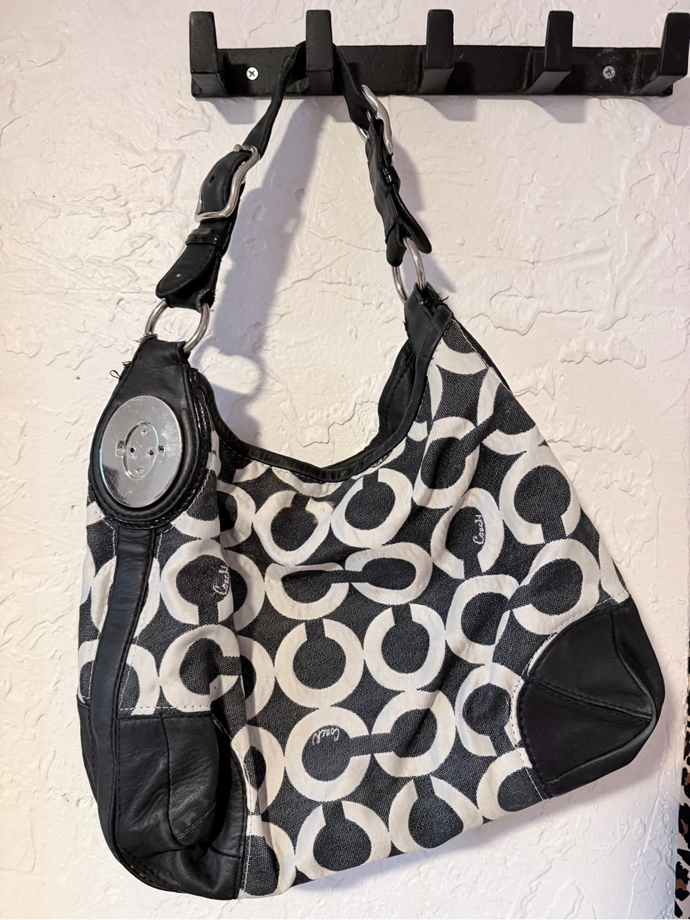 Coach Black and White Circular Pattern Shoulder Bag